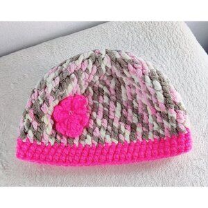Knit Crochet Beanie Hat Women Pink White Gray Winter Flower